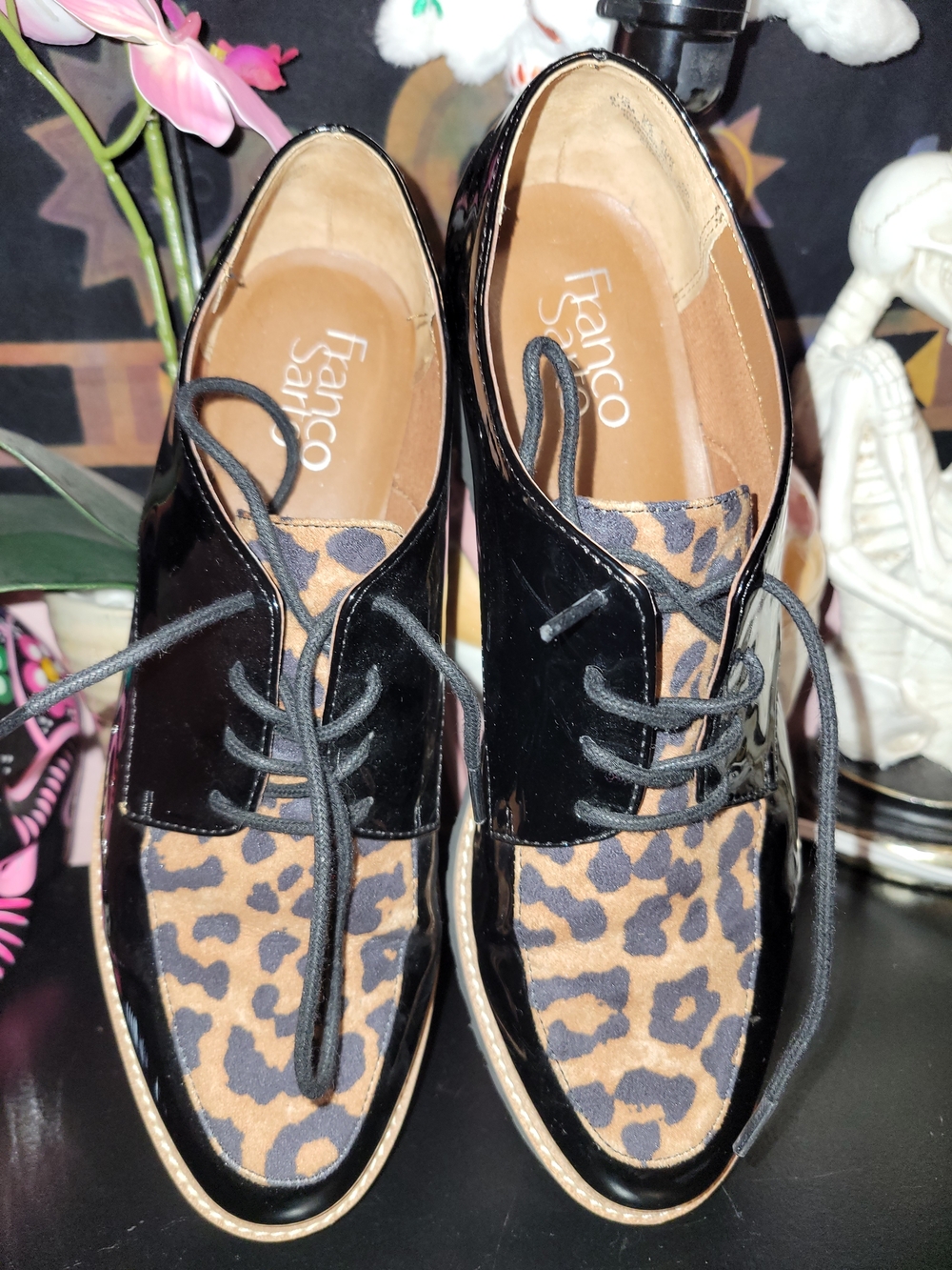 Franco Sarto Black Patent & Leopard Oxford Flats 8.5